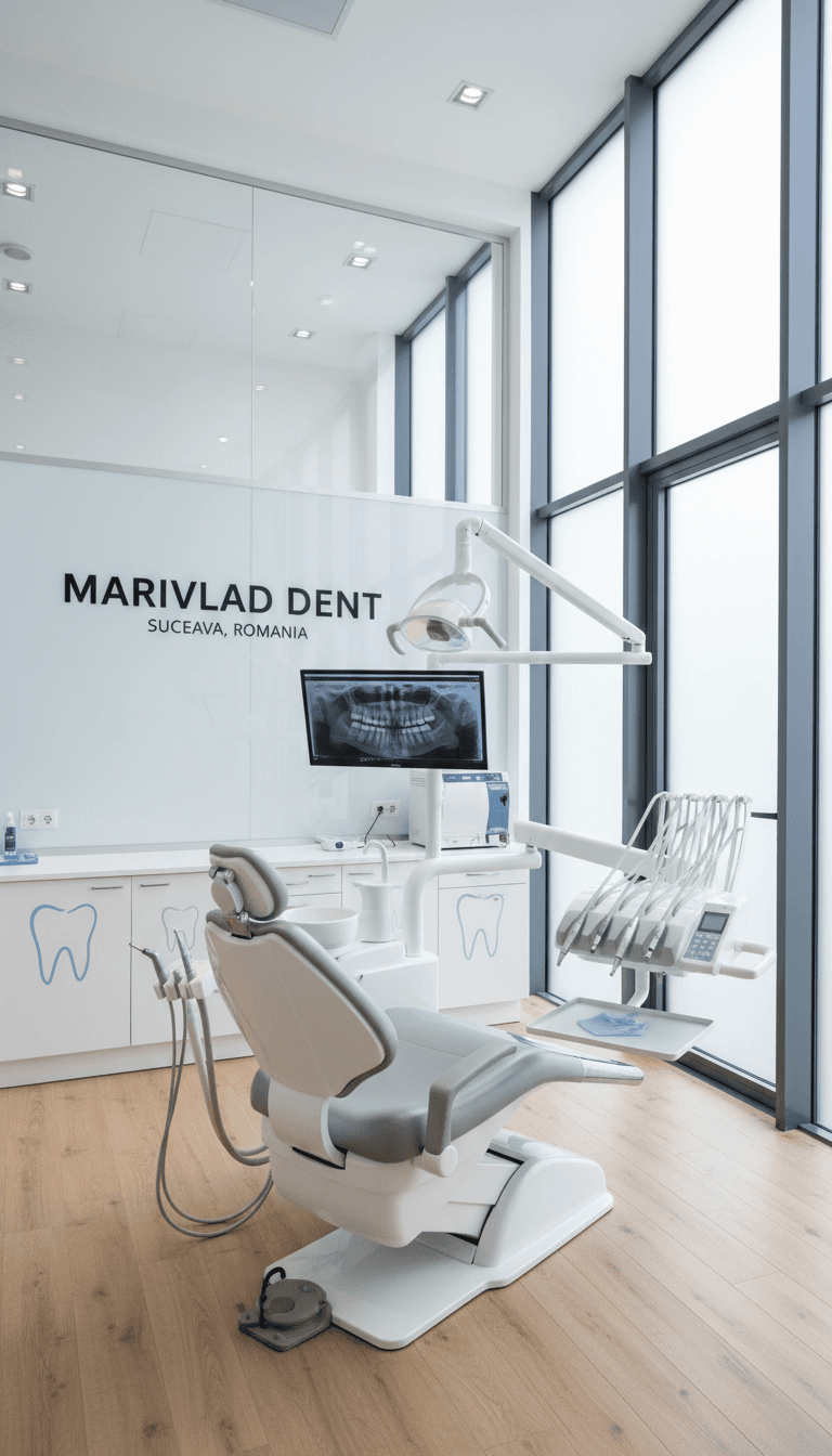 Modern dental treatment room with a grey chair, medical equipment, and Marivlad Dent branding.