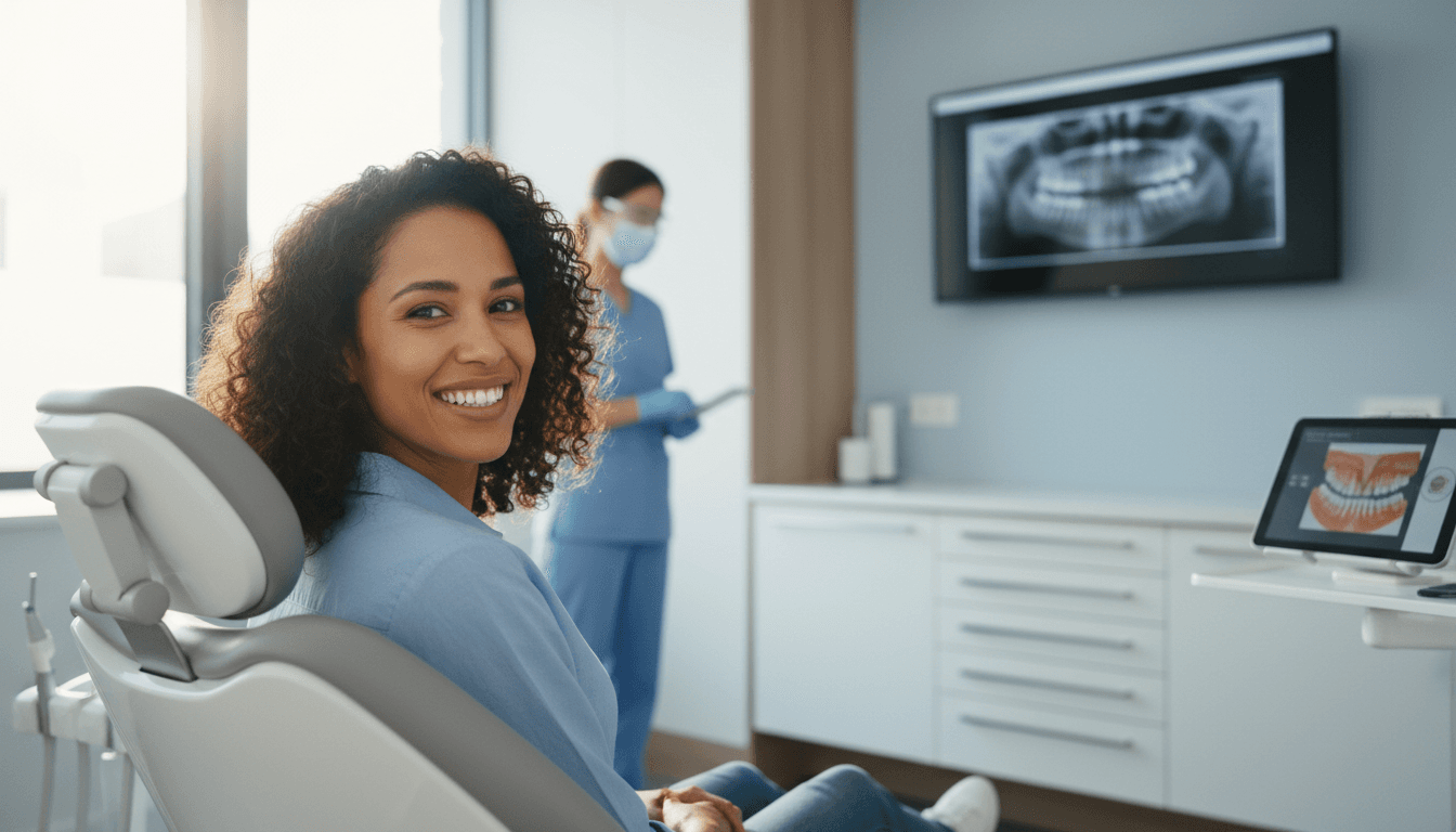 Patient smiling confidently in modern dental treatment room with advanced technology and natural lighting