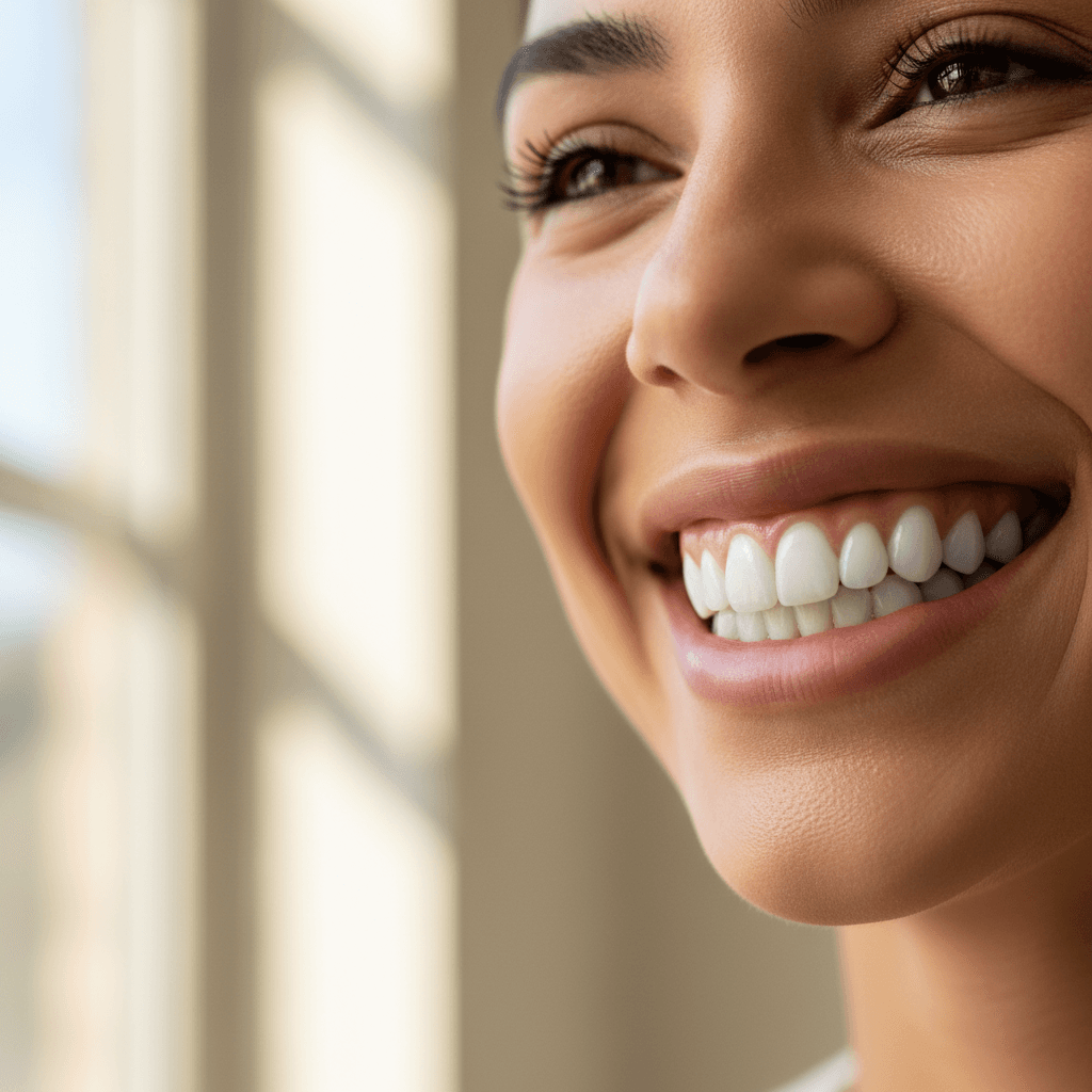 Patient smiling in dental chair showing healthy teeth after treatment